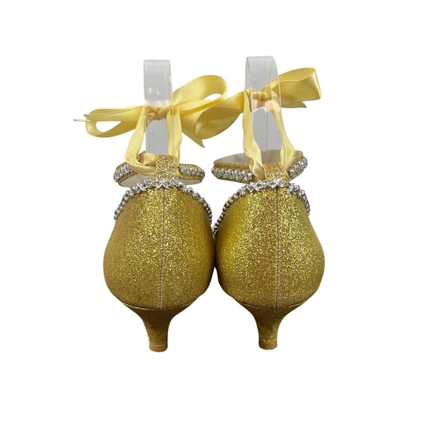 Gold Glitter Ankle Strap Yellow Lace With Rhinestone Trim Kitten Heels Sz 9.5 / 42