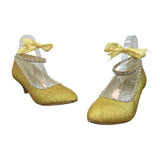 Gold Glitter Ankle Strap Yellow Lace With Rhinestone Trim Kitten Heels Sz 9.5 / 42