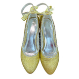 Gold Glitter Ankle Strap Yellow Lace With Rhinestone Trim Kitten Heels Sz 9.5 / 42
