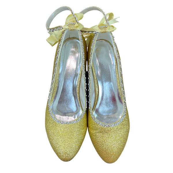 Gold Glitter Ankle Strap Yellow Lace With Rhinestone Trim Kitten Heels Sz 9.5 / 42