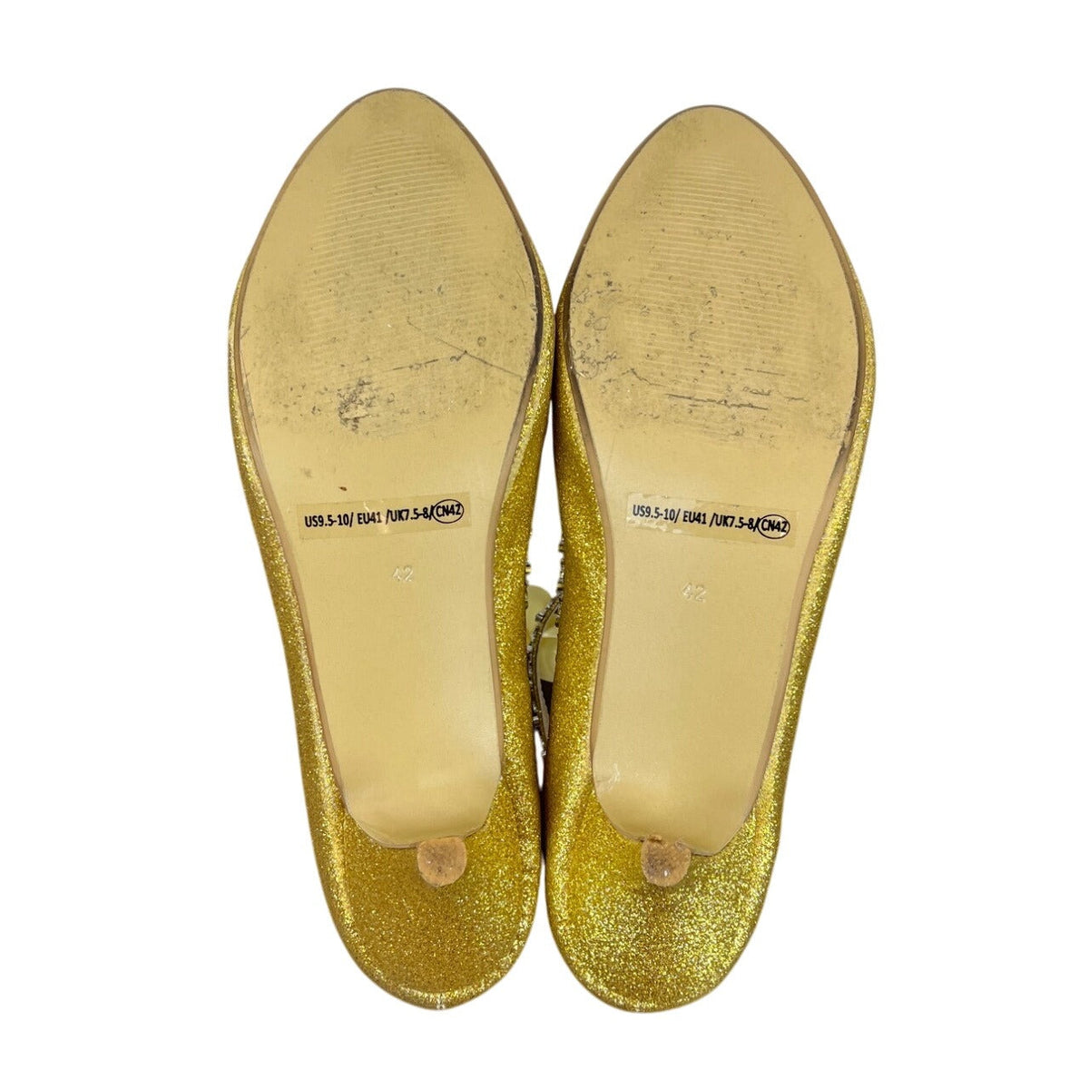 Gold Glitter Ankle Strap Yellow Lace With Rhinestone Trim Kitten Heels Sz 9.5 / 42
