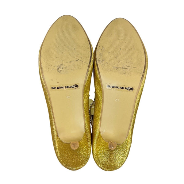 Gold Glitter Ankle Strap Yellow Lace With Rhinestone Trim Kitten Heels Sz 9.5 / 42