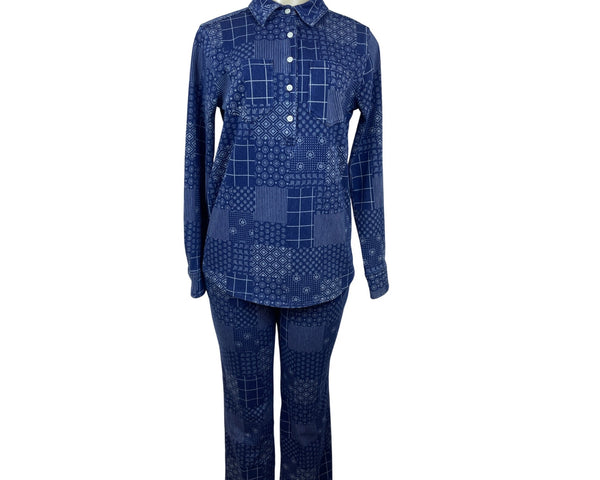 Lands’ End Blue Patchwork Women’s Shirt & Elastic Waist Pants Set Size S - New
