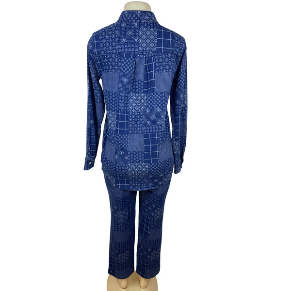 Lands’ End Blue Patchwork Women’s Shirt & Elastic Waist Pants Set Size S - New