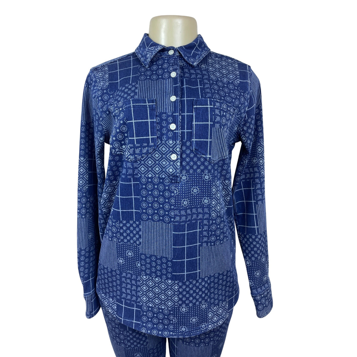 Lands’ End Blue Patchwork Women’s Shirt & Elastic Waist Pants Set Size S - New