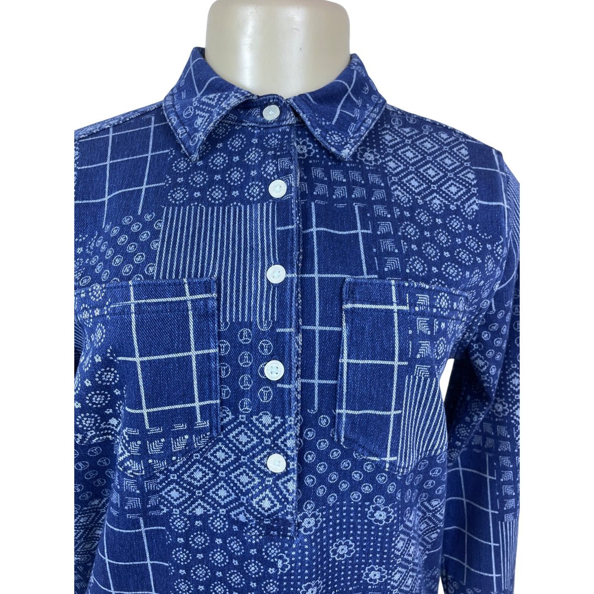 Lands’ End Blue Patchwork Women’s Shirt & Elastic Waist Pants Set Size S - New