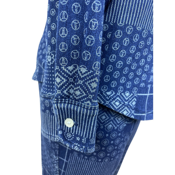 Lands’ End Blue Patchwork Women’s Shirt & Elastic Waist Pants Set Size S - New