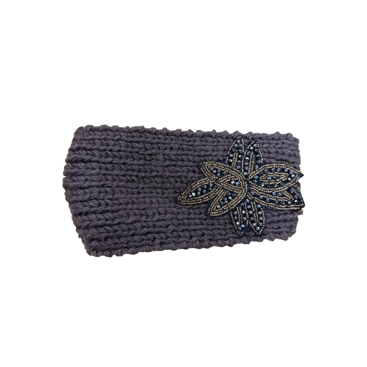 Knitted Brown Women’s Wool Headband W/ Floral Beaded Accent & Button Closure