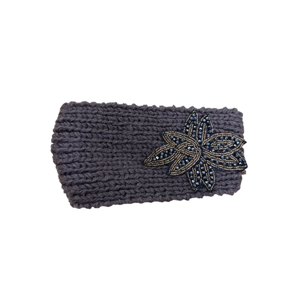 Knitted Brown Women’s Wool Headband W/ Floral Beaded Accent & Button Closure