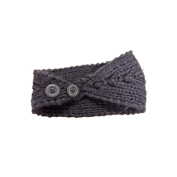 Knitted Brown Women’s Wool Headband W/ Floral Beaded Accent & Button Closure