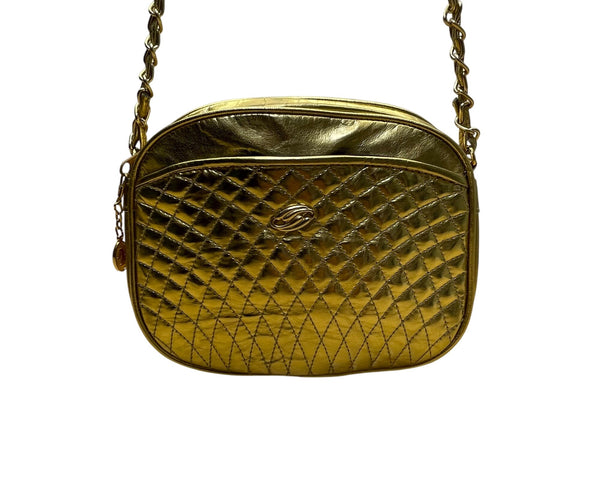 Vintage Unbranded Women’s Gold Quilted Vegan Leather Crossbody Bag Size M