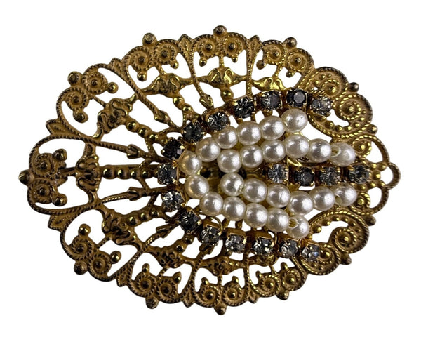 Miriam Haskell Brooch Women Gold Tone Filigree Faux Pearl Rhinestones Oval Design