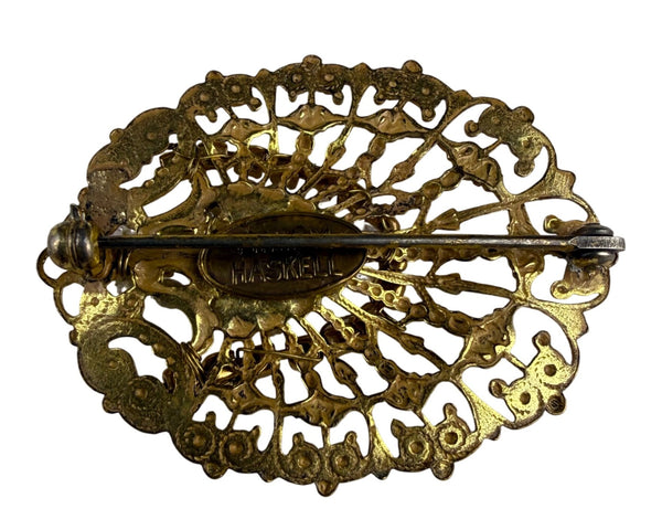Miriam Haskell Brooch Women Gold Tone Filigree Faux Pearl Rhinestones Oval Design