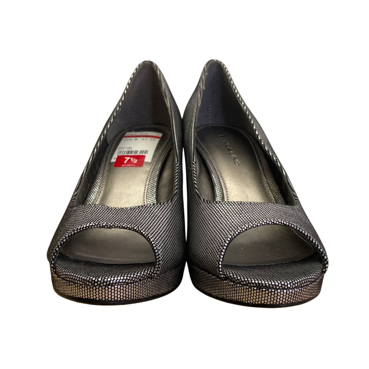 Bandolino Women’s Silver Metallic Finish Peep-Toe Mylah Heels Size 7.5