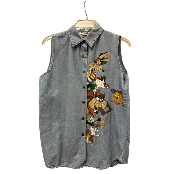 Jerry Leigh Womens Blue Denim Sleeveless Button-Up Shirt Looney Tunes Graphic M