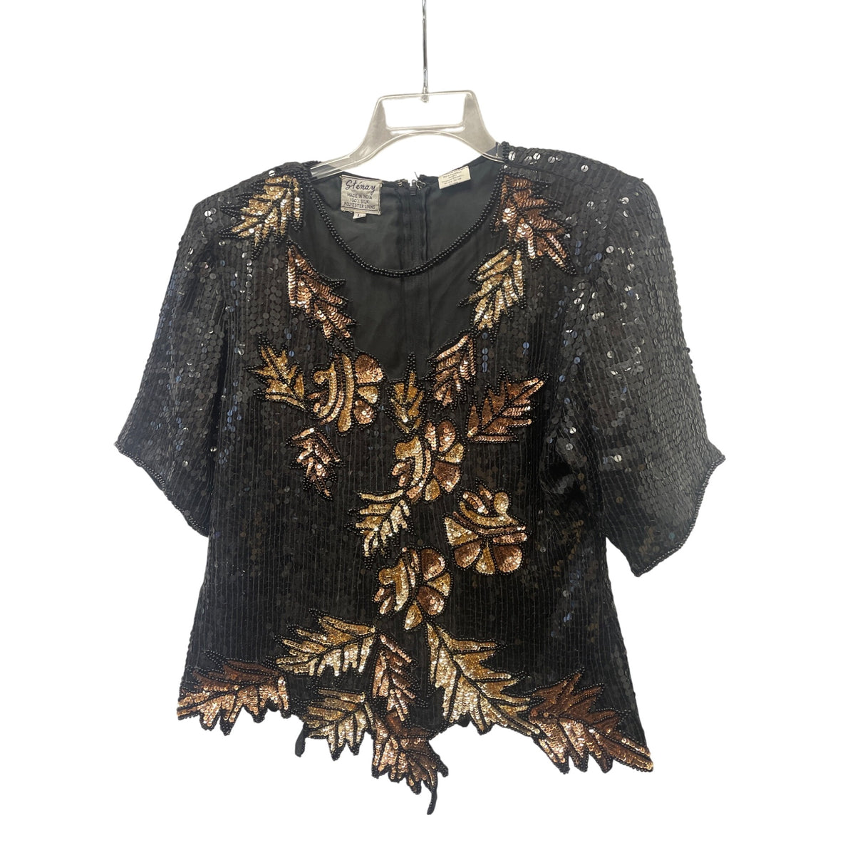 Stenay Womens Black Silk Sequin Blouse With Gold & Bronze Leaf Design Size L
