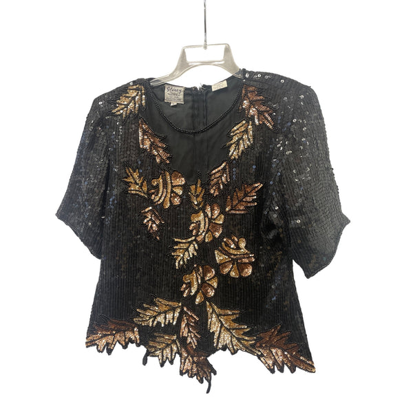 Stenay Womens Black Silk Sequin Blouse With Gold & Bronze Leaf Design Size L
