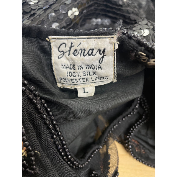 Stenay Womens Black Silk Sequin Blouse With Gold & Bronze Leaf Design Size L