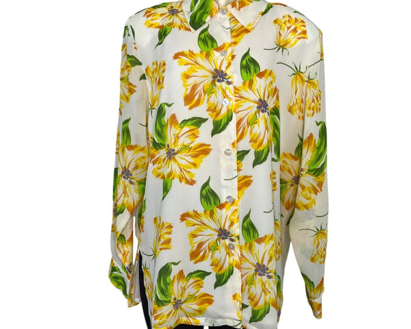 Linea By Louis Dell Olio Floral Button-Up Blouse Long Sleeve Top Sz L