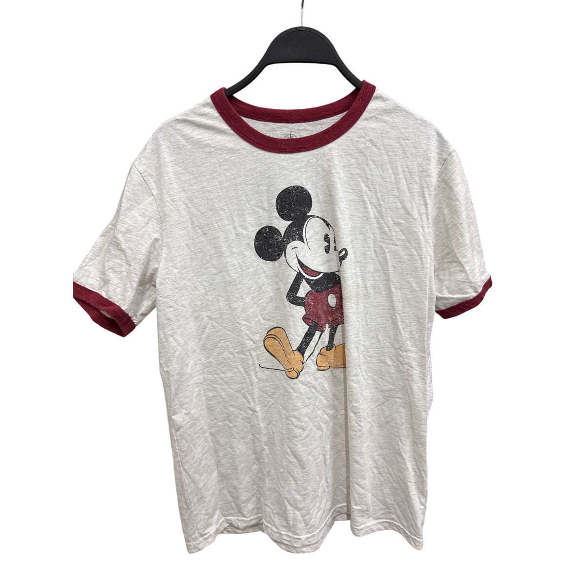 Disney Mens White & Burgundy Cotton/Polyester Mickey Mouse Ringer Graphic Tee S