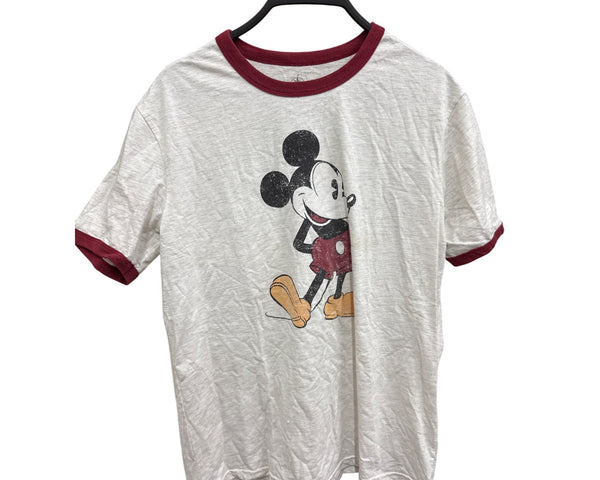 Disney Mens White & Burgundy Cotton/Polyester Mickey Mouse Ringer Graphic Tee S