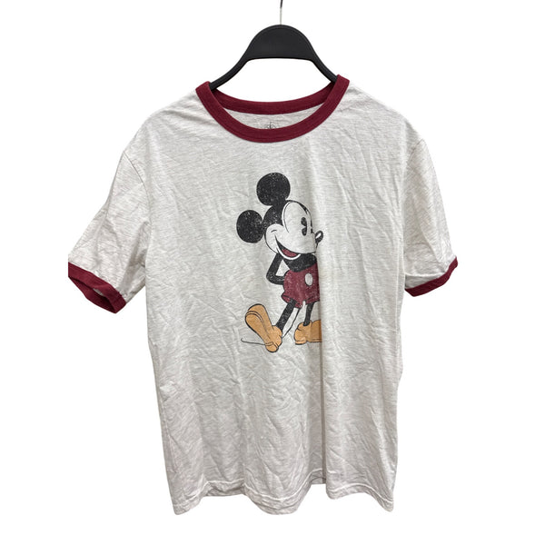 Disney Mens White & Burgundy Cotton/Polyester Mickey Mouse Ringer Graphic Tee S