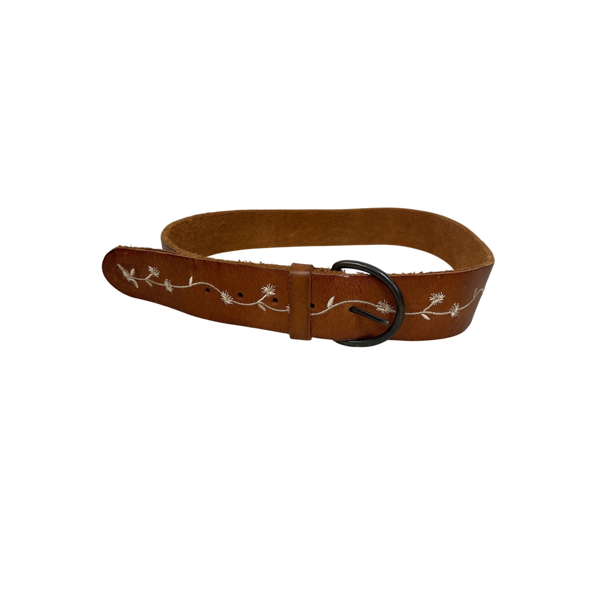 Brown Leather Womens Embroidered Floral Belt With Black Metal Buckle Medium Size