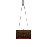Vintage 70s Brown Embossed Ornate Floral Design With Gold Chain Leather Clutch