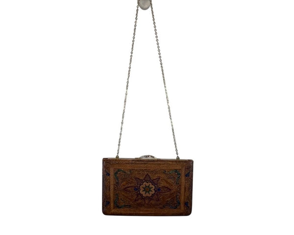 Vintage 70s Brown Embossed Ornate Floral Design With Gold Chain Leather Clutch