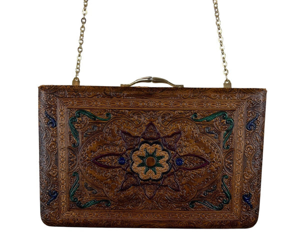 Vintage 70s Brown Embossed Ornate Floral Design With Gold Chain Leather Clutch
