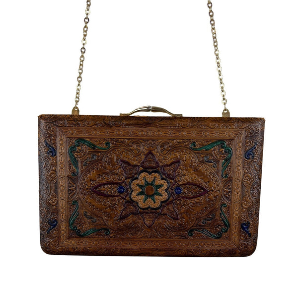 Vintage 70s Brown Embossed Ornate Floral Design With Gold Chain Leather Clutch
