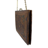 Vintage 70s Brown Embossed Ornate Floral Design With Gold Chain Leather Clutch