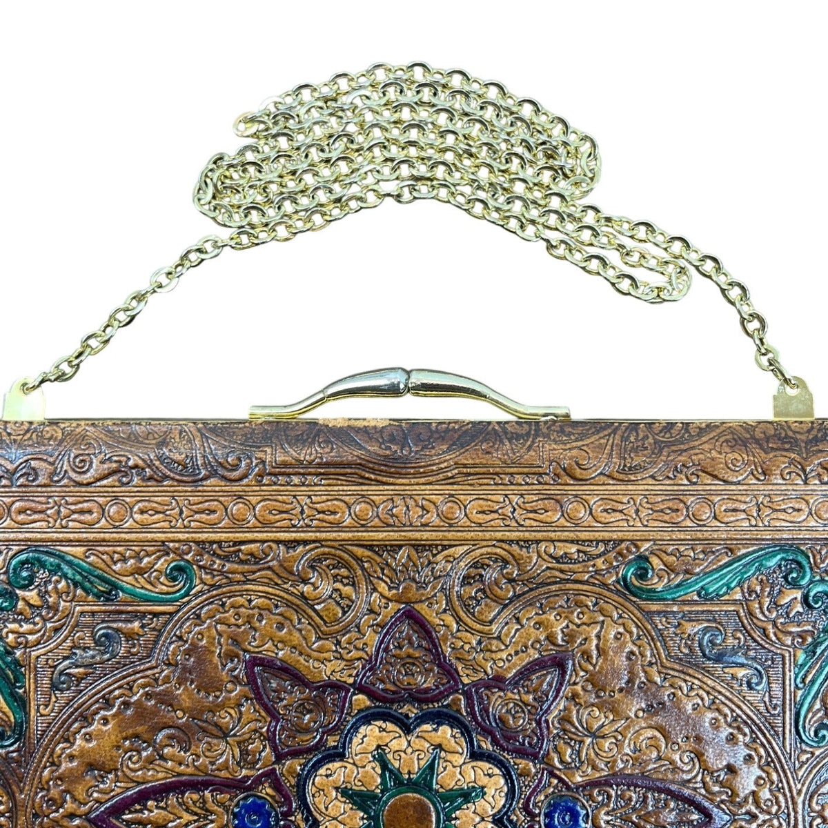 Vintage 70s Brown Embossed Ornate Floral Design With Gold Chain Leather Clutch