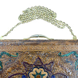 Vintage 70s Brown Embossed Ornate Floral Design With Gold Chain Leather Clutch