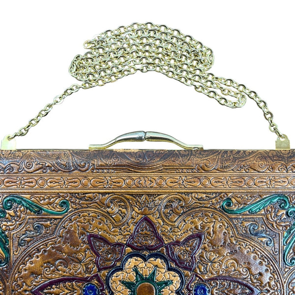 Vintage 70s Brown Embossed Ornate Floral Design With Gold Chain Leather Clutch