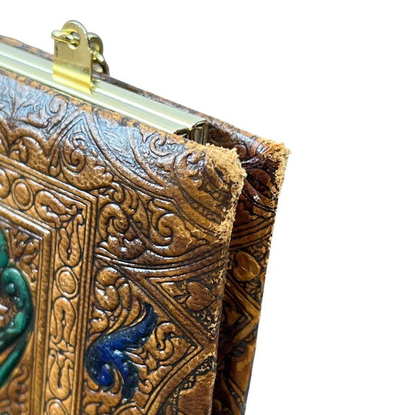 Vintage 70s Brown Embossed Ornate Floral Design With Gold Chain Leather Clutch