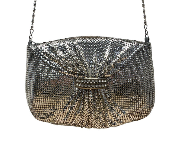Vintage Silver Mesh Shoulder Bag With Rhinestone Accent & Chain Strap Evening Handbag Sz S