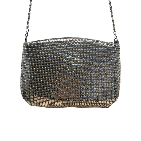 Vintage Silver Mesh Shoulder Bag With Rhinestone Accent & Chain Strap Evening Handbag Sz S