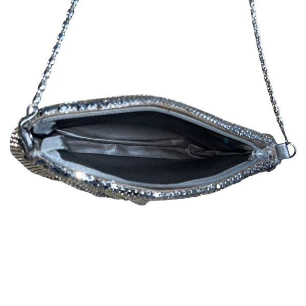 Vintage Silver Mesh Shoulder Bag With Rhinestone Accent & Chain Strap Evening Handbag Sz S