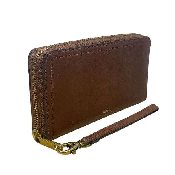 Fossil Brown Leather Zippered RFID Card Slots Coin Pocket Wristlet Wallet Size M