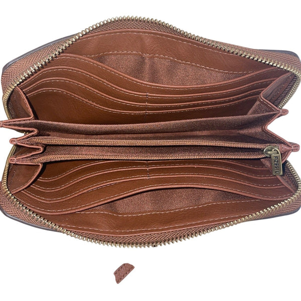 Fossil Brown Leather Zippered RFID Card Slots Coin Pocket Wristlet Wallet Size M