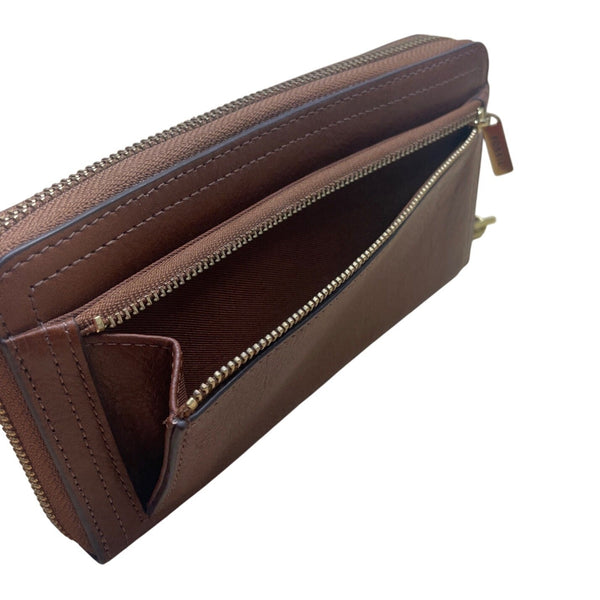 Fossil Brown Leather Zippered RFID Card Slots Coin Pocket Wristlet Wallet Size M
