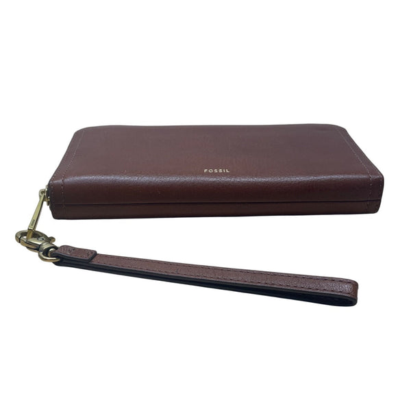 Fossil Brown Leather Zippered RFID Card Slots Coin Pocket Wristlet Wallet Size M