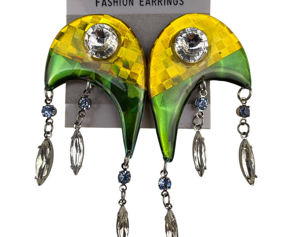 Green & Yellow Acrylic Dangle Earrings With Rhinestones & Crystal Accents