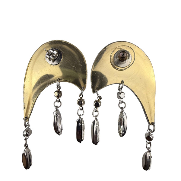 Green & Yellow Acrylic Dangle Earrings With Rhinestones & Crystal Accents