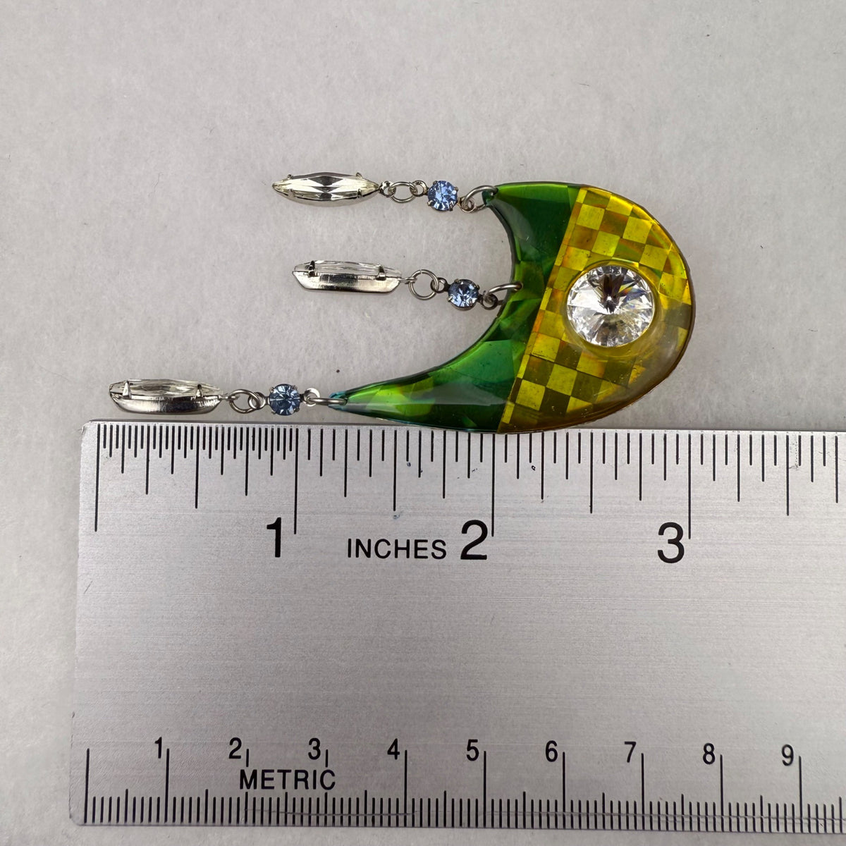 Green & Yellow Acrylic Dangle Earrings With Rhinestones & Crystal Accents