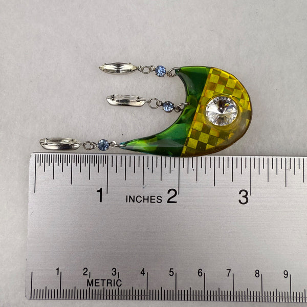 Green & Yellow Acrylic Dangle Earrings With Rhinestones & Crystal Accents