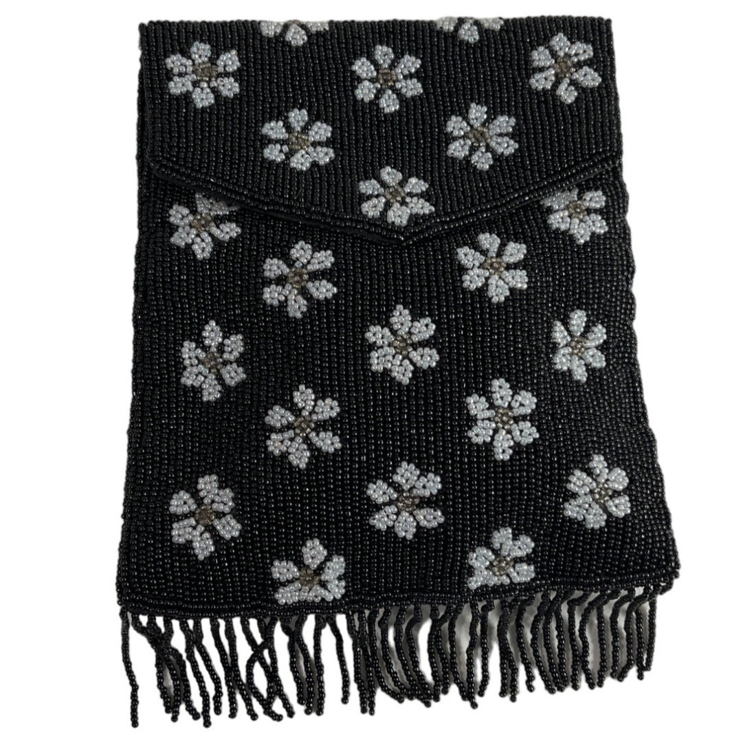 Handcrafted Women's Black Beaded Flowers Pattern Handbag Clutch Sz S