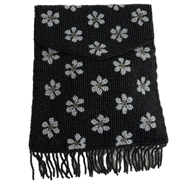 Handcrafted Women's Black Beaded Flowers Pattern Handbag Clutch Sz S