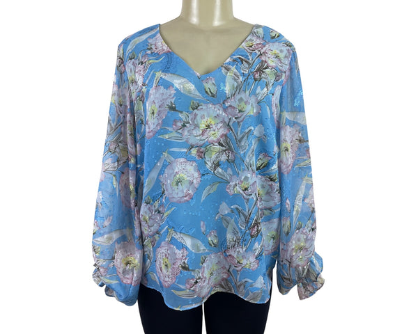 Ee:Some Womens Floral V-Neck Blouse With Balloon Sleeves In Blue Size L